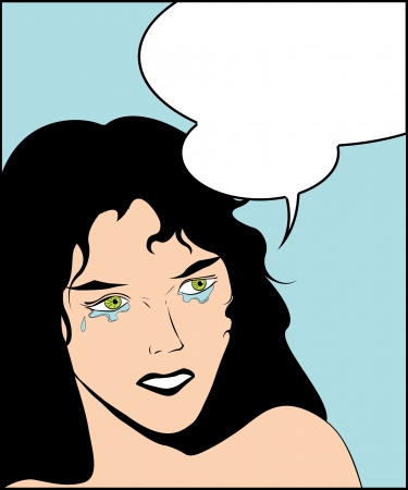 Illustration of a crying woman in a pop art comic style and speech bubbleのイラスト素材