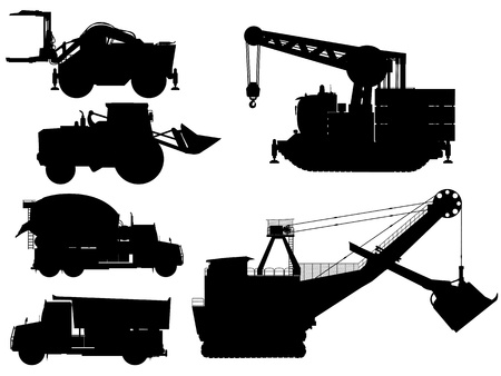 Mining and construction machine silhouettes over white backgroundのイラスト素材