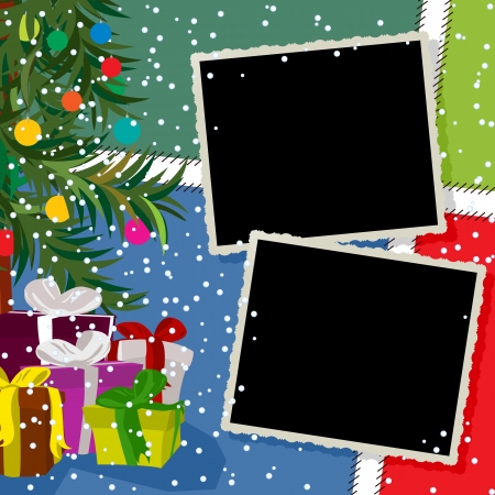 Winter holidays collage with Christmas tree, gifts and vintage empty photo framesのイラスト素材