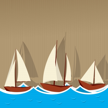 Illustration of three sailing ships, yahcts on a striped backgroundのイラスト素材