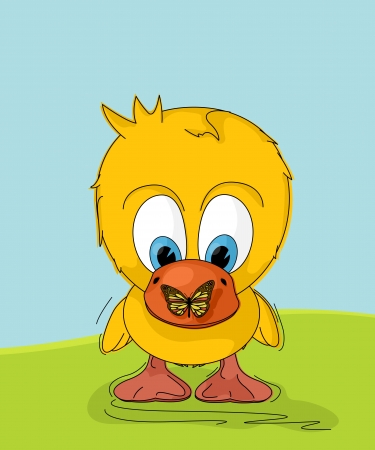 Cartoon drawing of a little cute duck with butterflyのイラスト素材