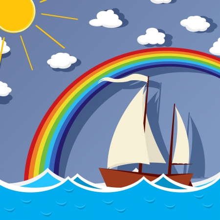 Sailboat floats on the sea under a a clear sky with rainbow sun and floating cloudsのイラスト素材