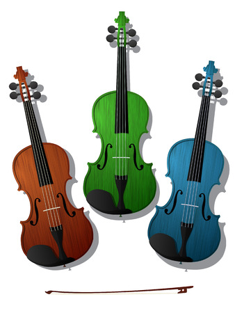 Three violins in colors against white backgroundのイラスト素材