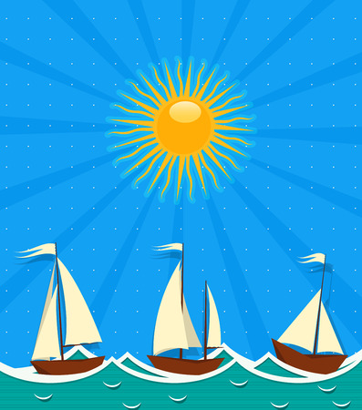 Seascape background with sailing ships in the sunsetのイラスト素材