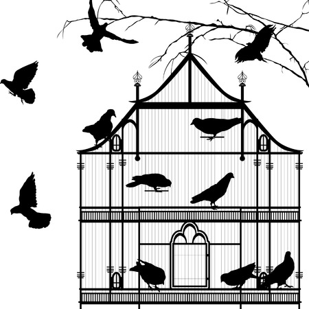 Birds and birdcage graphic silhouettes over white backgroundのイラスト素材