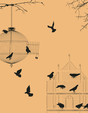 Birds and birdcages postcard designのイラスト素材