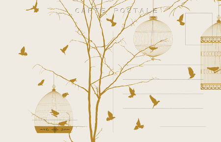 Vintage postcard with birds and bird cagesのイラスト素材