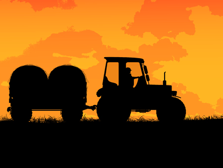 Farm tractor silhouette on the fieldのイラスト素材
