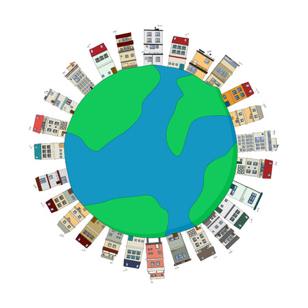 Cartoon style icon with houses arround the globeのイラスト素材