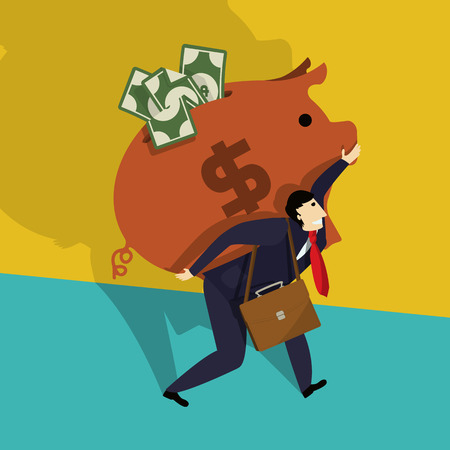 Businessman carries a big piggy bank full of cash, conceptual corporate graphicのイラスト素材