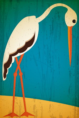 Retro style stork card, grunge backgroundのイラスト素材