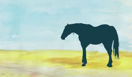 Standing horse silhouette over a pastel fieldのイラスト素材