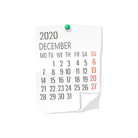 Vector calendar for December,2020 on white paper  with holding pin over white backgroundのイラスト素材