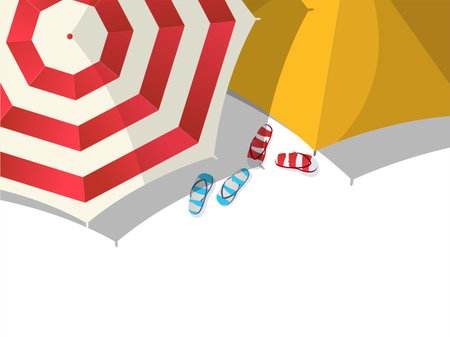 Colored beach umbrellas and slippers over white with copy spaceのイラスト素材