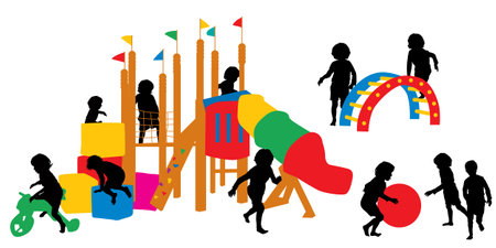 Children silhouettes at the playground, vector illustrationのイラスト素材