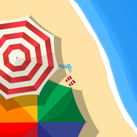 Summer day at the beach composition with umbrellas and slippers, aerial view, vector illustrationのイラスト素材
