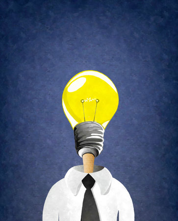 Watercolor style drawing of a business man with lightbulb headの写真素材
