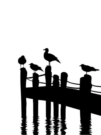 Seagulls silhouettes standing on a pier, vectorのイラスト素材