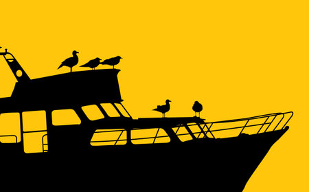Marine sceneray background with seagulls silhouettes on sitting on a yacht. Vector illustration.のイラスト素材