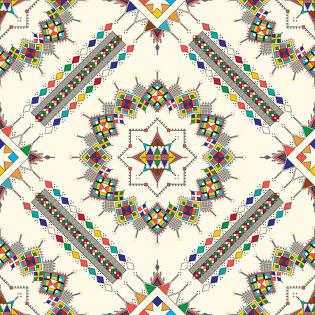 Decorative geometric repeating pattern inspired by Al-Qatt Al-Asiri traditional paintings