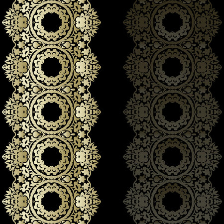 Gold lace borders, ornamental paper lines, vector. signboard name. Romantic wedding invitation. Abstract ornament. Blank vertical Stripe Label.のイラスト素材