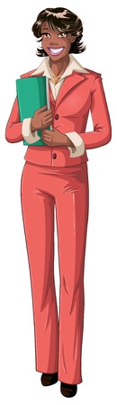 A vector illustration of an African American business woman standing and holding a green folder in both her hands.のイラスト素材