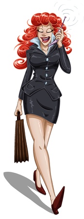 A vector illustration of a red-head business woman walking with a briefcase and talking on her cellphone.のイラスト素材