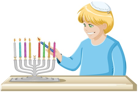 A vector illustrations of a jewish boy lighting Hanukkiah candles for Hanukkah.のイラスト素材