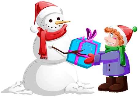 A vector illustration of a snowman giving a present to a child for Christmas.のイラスト素材