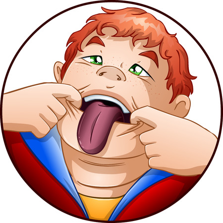 A vector illustration of a red headed child holding his mouth open and taking out his tongue のイラスト素材