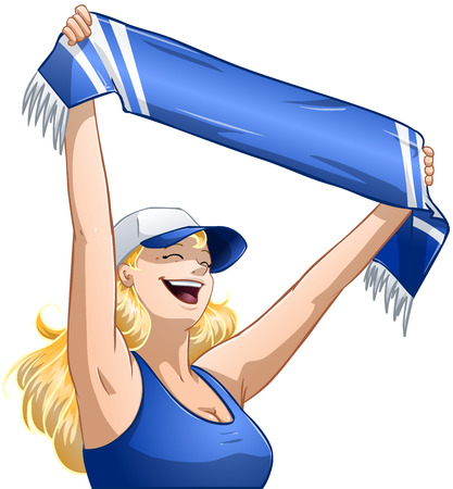 A vector illustration of a woman holding a sports team scarf up high and cheers のイラスト素材