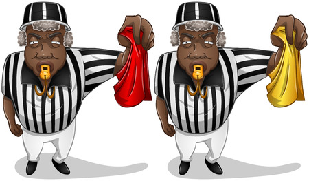 A vector illustration of a football referee holding a red or yellow flag and whistles のイラスト素材