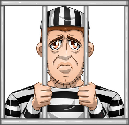 A vector illustration of a sad prisoner locked in jail behind bars のイラスト素材