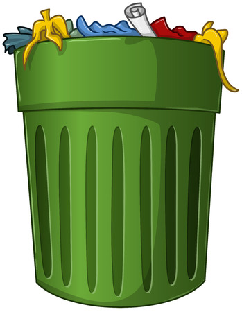 A vector illustration of a big green trash can with trash inside のイラスト素材