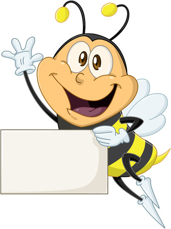 illustration of a cute flying bee holds sign and wavesのイラスト素材