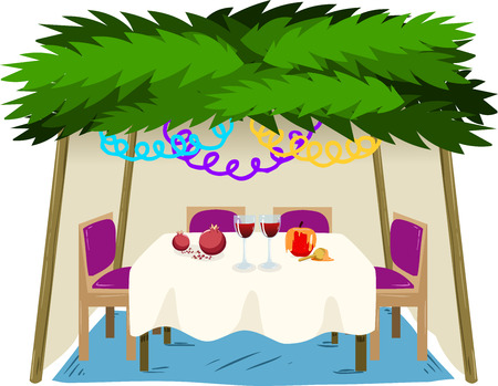illustration of Sukkah with ornaments table with food for the Jewish Holiday Sukkot.のイラスト素材