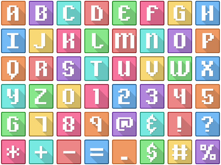 Vector illustration set of alphabet numbers symbols square flat icons in retro style.のイラスト素材