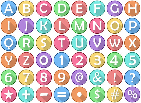 Vector illustration set of alphabet numbers symbols round flat icons.のイラスト素材
