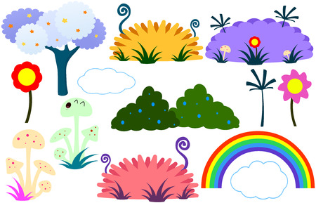 Vector illustration pack of various plants flowers tree and rainbow in flat colorful cute style.のイラスト素材