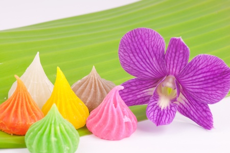 The colorful of sweet dessert on banana leafの写真素材