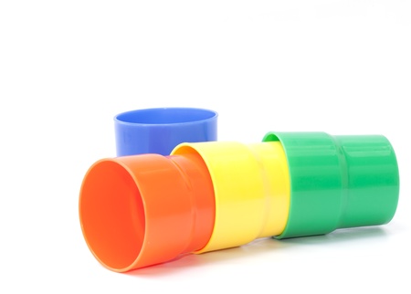 Plastic cups set isolated on the white backgroundの写真素材