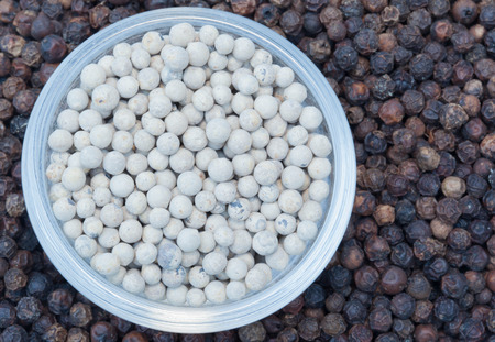 White peppercorn in cup on the black peppercorn 