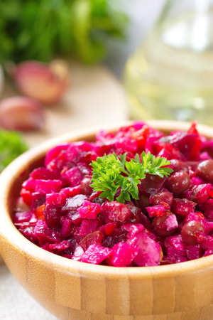 Beet Salad Vinaigrette in wooden bowlの写真素材