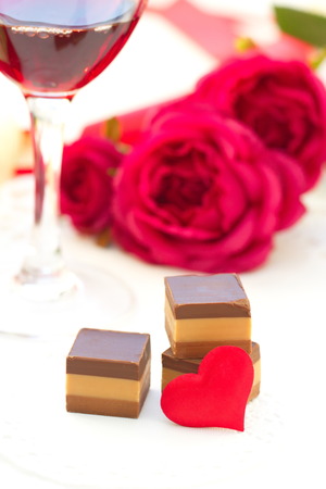 Chocolate and red roses for Valentine's dayの写真素材
