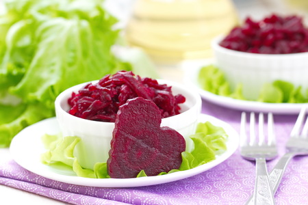Beet salad in a white bowl