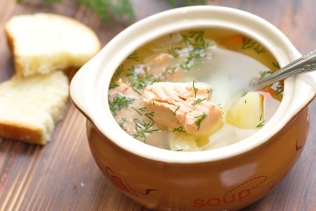 Fish soup with salmon and vegetablesの写真素材