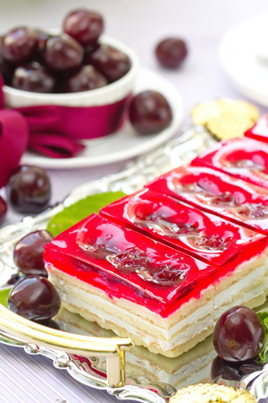 Summer dessert - sweet cold red jelly pie with cherriesの写真素材