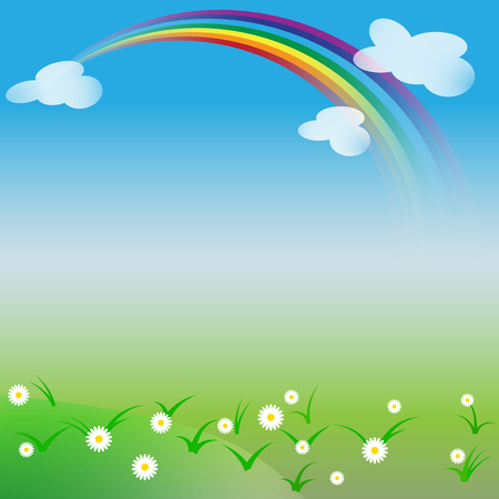 Natural background with rainbow and daisies in summer or spring day. Seasonal card with place for textのイラスト素材
