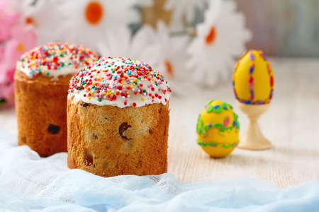 Easter cake and colored eggs for holiday