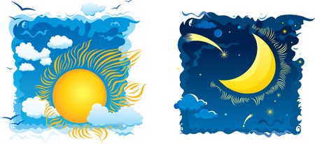 Sunny day and moonlit night with sky and cloudsのイラスト素材
